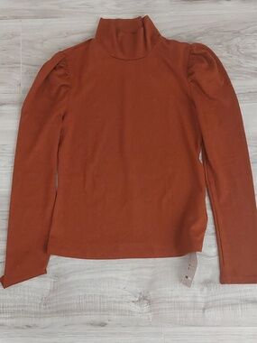 Rust Brown Turtleneck Puff-Sleeve Sweater